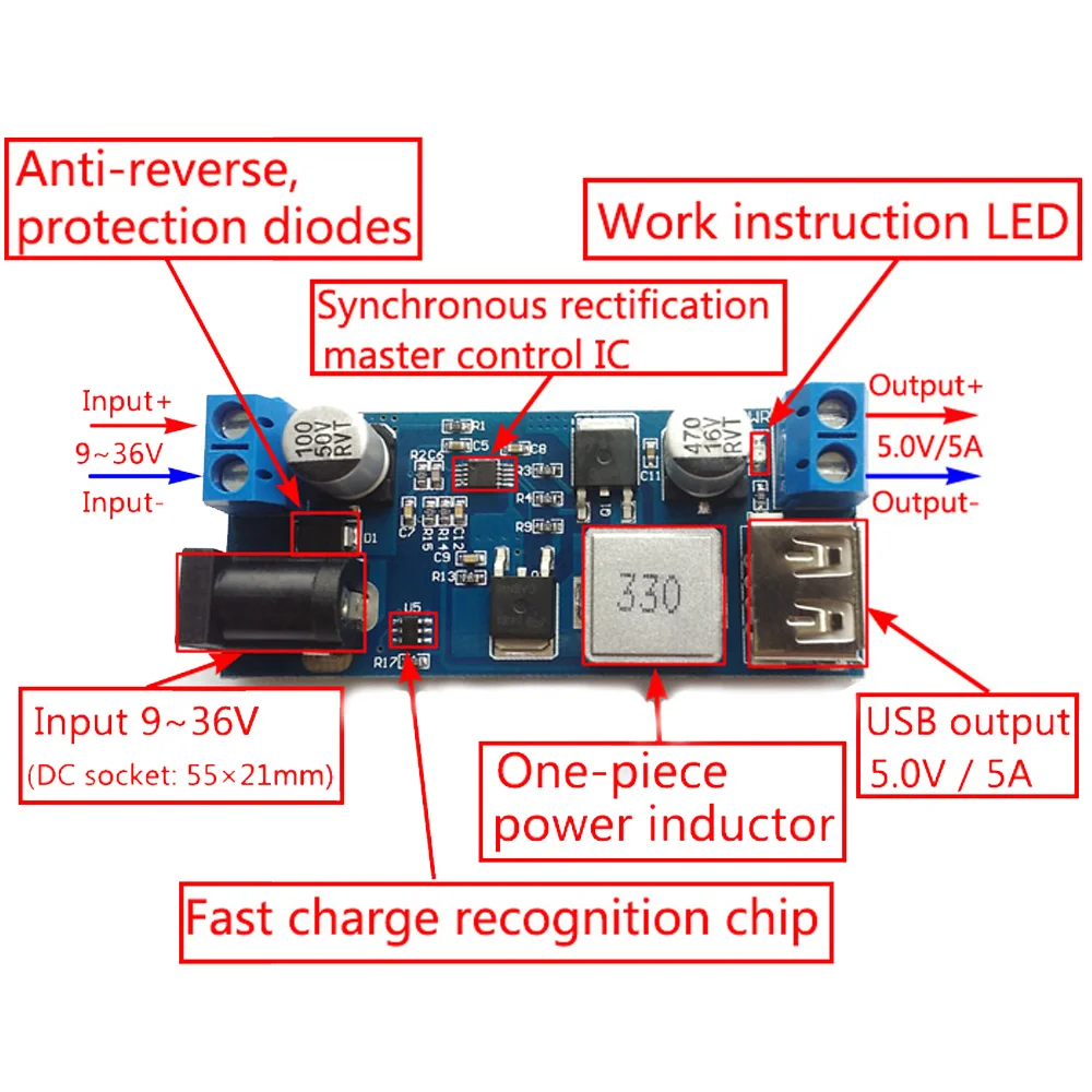 

DC-DC 24V/12V To 5V 5A Step-Down Power Buck Converter Replacement LM2596S Adjustable USB Buck Charging Module for Mobile Phone