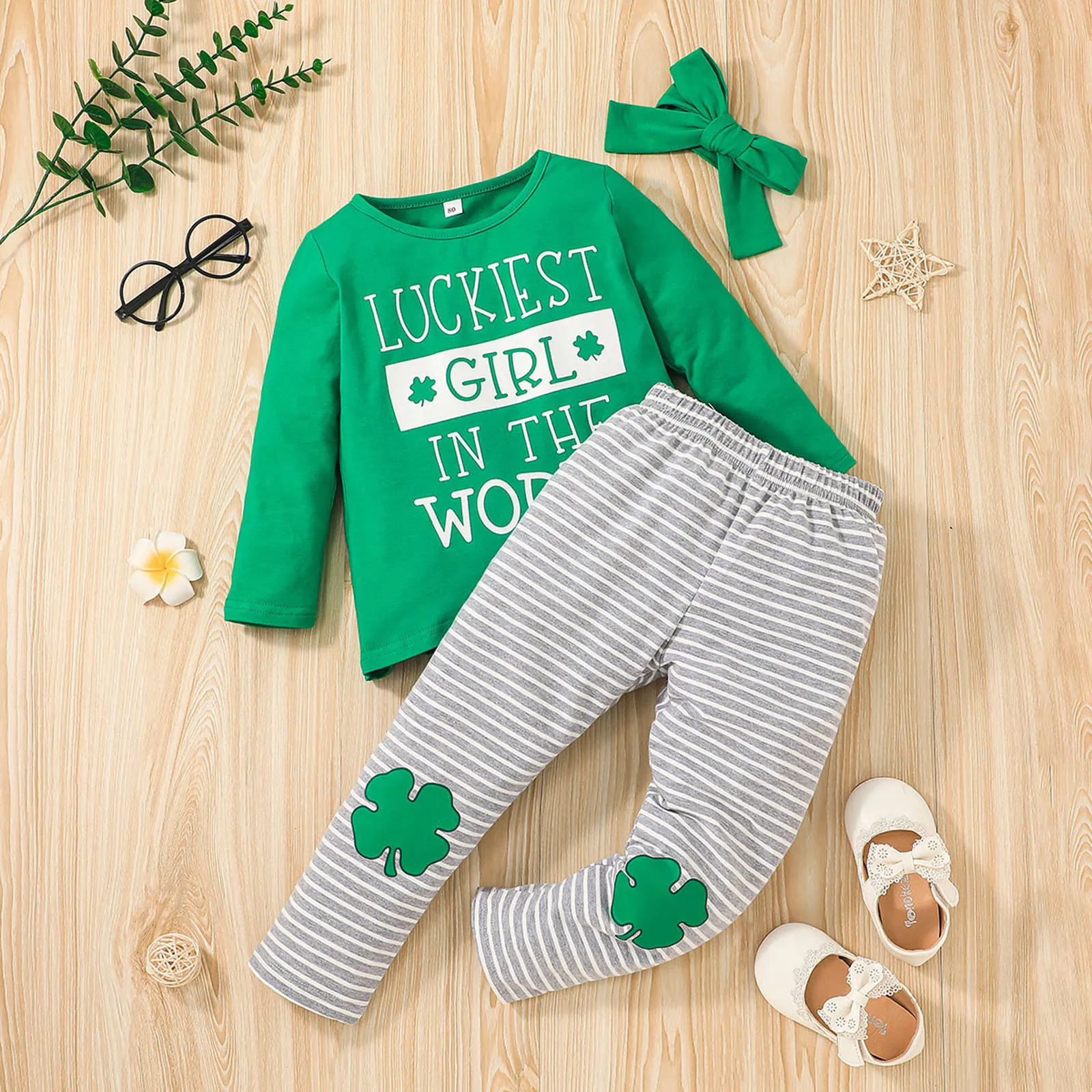 

1-6 years old Kids Clothes Girls St.Patrick's Day Outfits Lucky Clover Print Tops Pants Children Set Irish Day Baby Girl Clothes