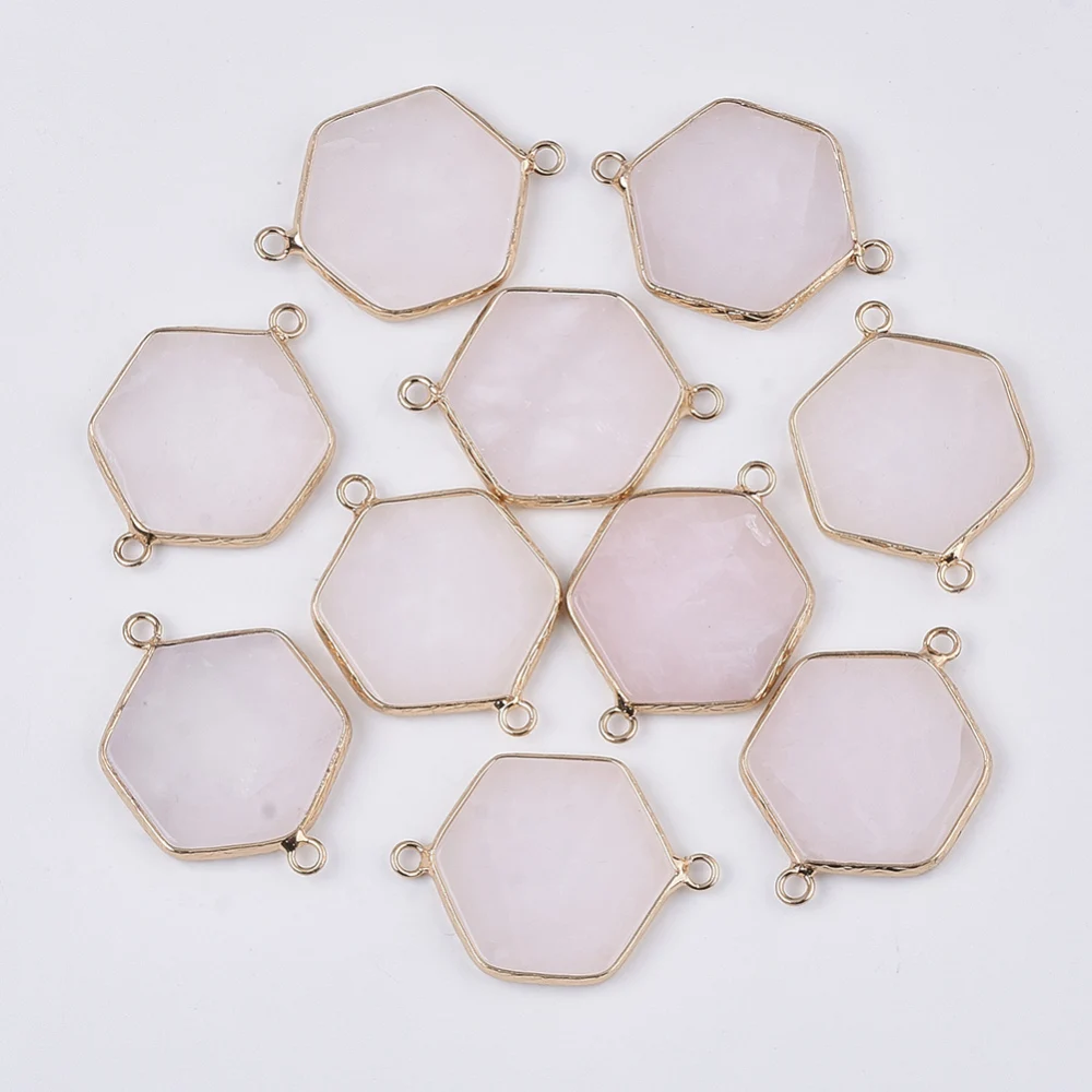 1PC Natural Rose Quartz Links connectors with Golden Tone Brass Open Back Settings Hexagon 35x25x3.5mm Hole: 2mm