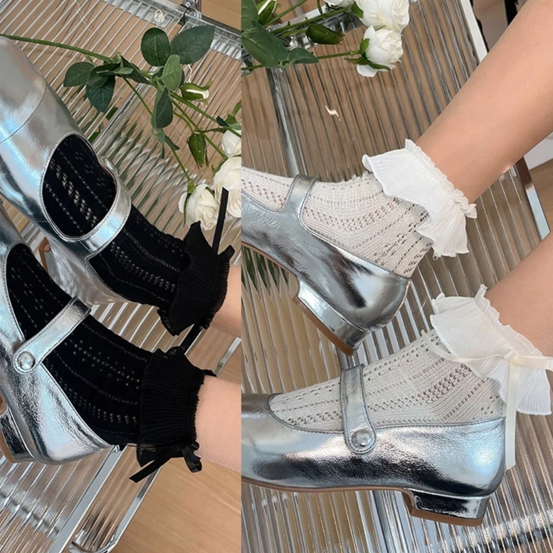 

Lace Trims Eyelet Socks For Womens Summer Solid Color Thin Socks with Bowknot