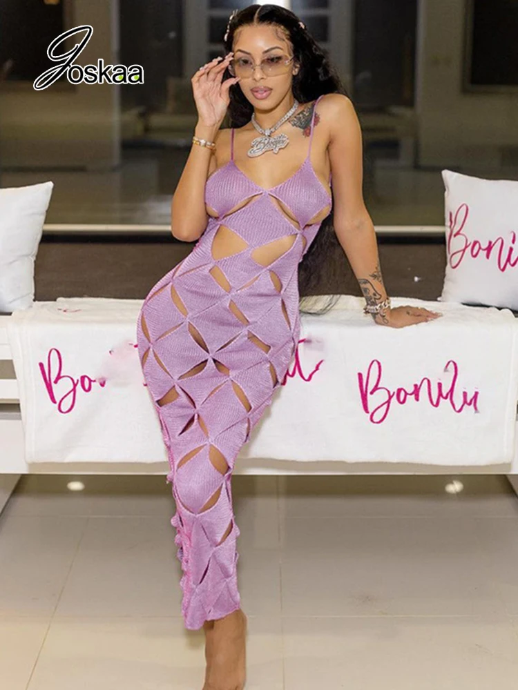 

Joskaa Solid V-neck Sleeveless Hollow Out Sling Bodycon Dress for Women 2022 Summer Night Club Wear Sexy Backless Maxi Dresses