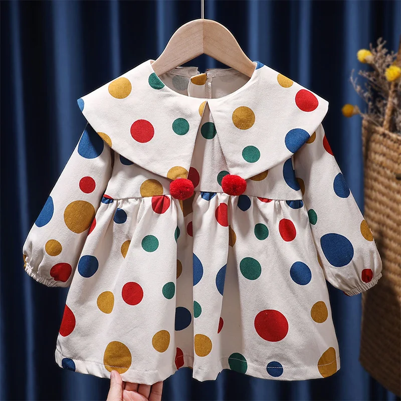 

Fashion Korean Splicing Fluffy Ball Sailor Collar Long Sleeve Multicolour Polka Dot Printing Dress Spring Autumn Girls Clothes