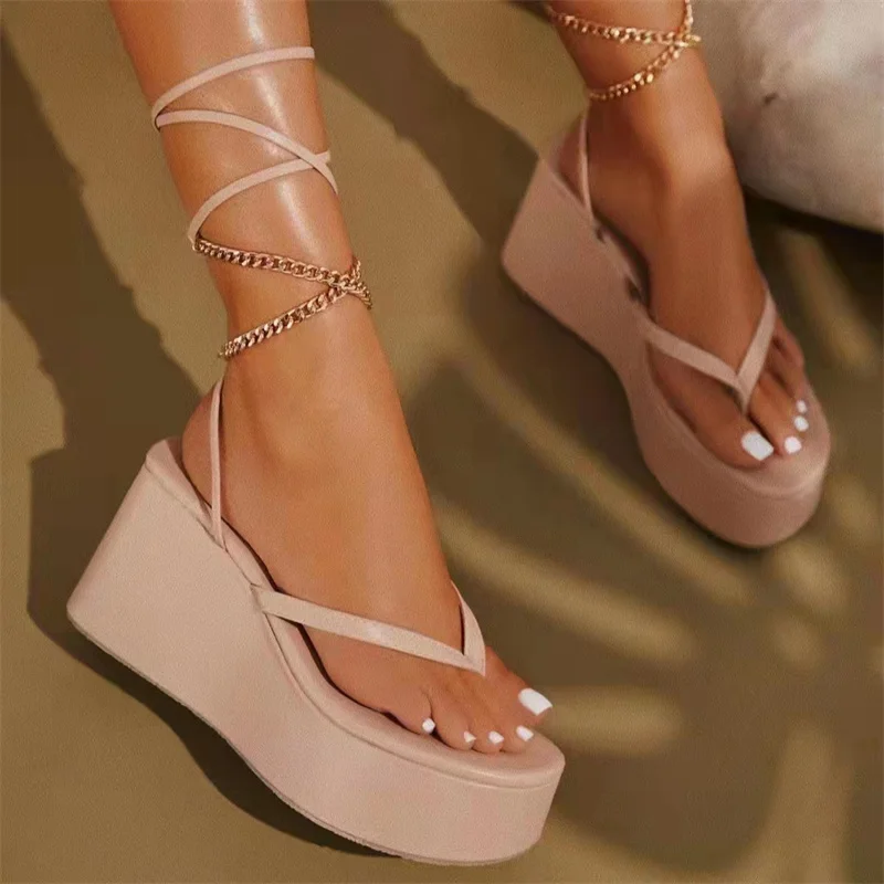 2023 New Women's Sandals Metal Chain Ankle Strap Platform Wedge Flip-Flops Simple Comfortable Soft-soled Flat Shoes Femme