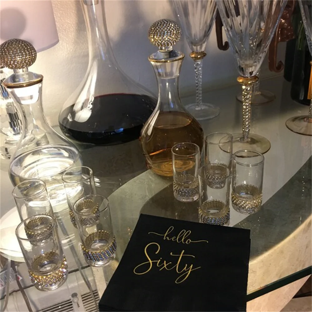 50PCS Hello Sixty Black w/Metallic Gold Foil Cocktail Beverage Napkins 3 Ply Happy Birthday 60th 60 Metallic - Q