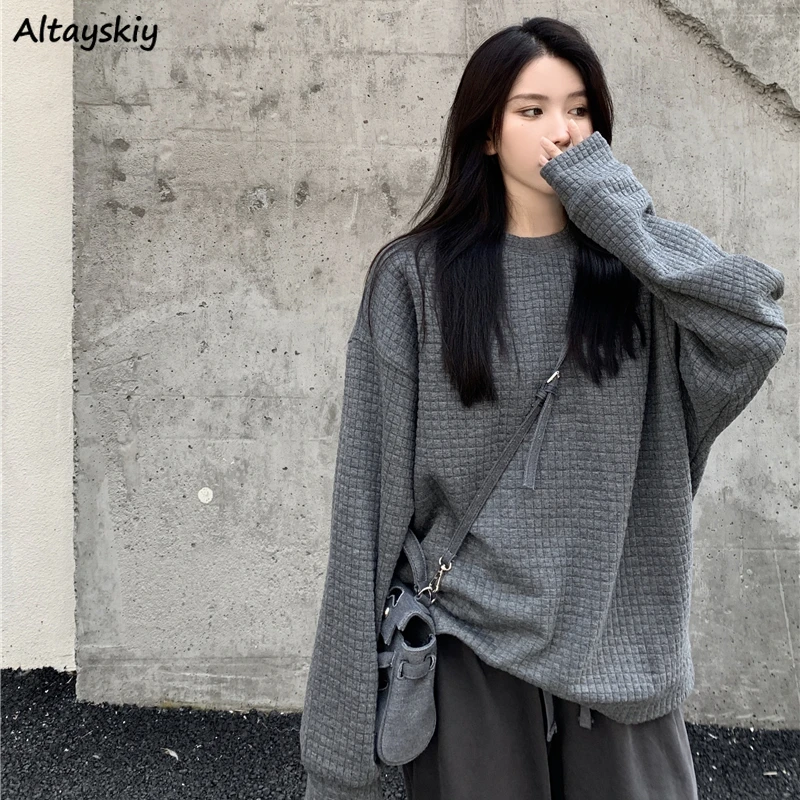 

Sweatshirts Women Solid Loose O-neck Females Tops Breathable Casual Simple Daily All-match Streetwear Korean Style Pullovers