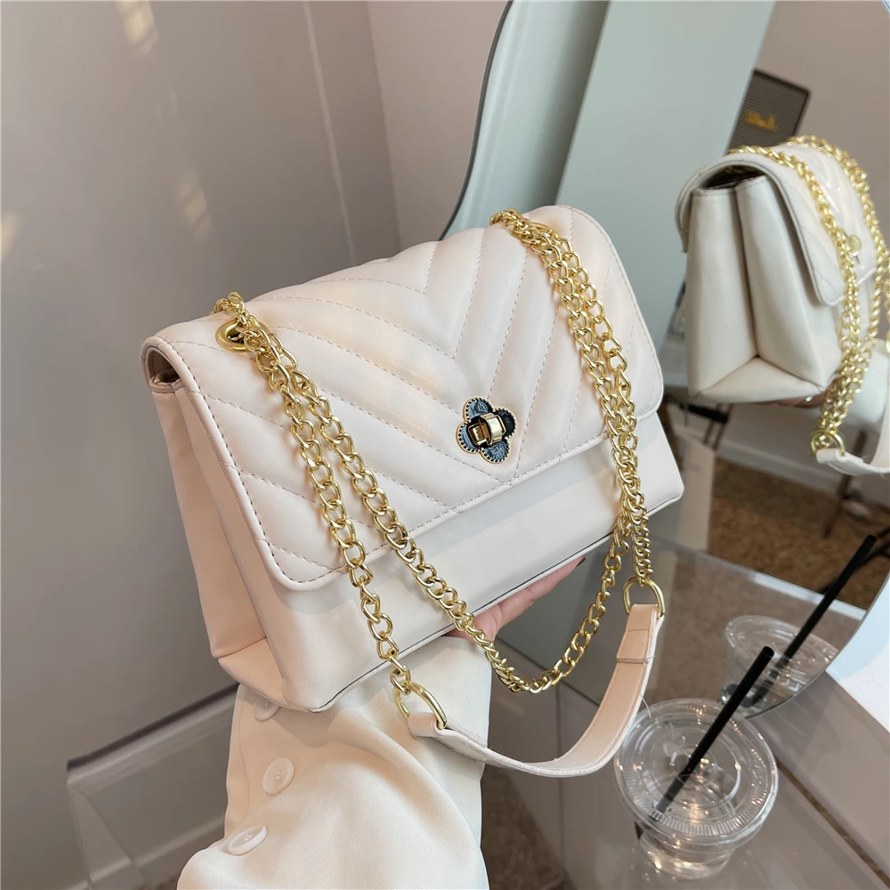 

Burminsa Luxury Quilted V Line Chain Small Crossbody Shoulder Bags For Women Brand Designer Turn Lock Flap Ladies Handbags 2022