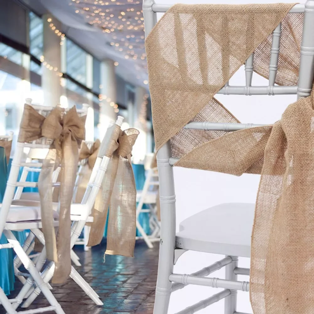 

202217cm x 275cm Naturally Vintage Burlap Chair Sashes Jute Chair Tie Bow for Rustic Wedding Decorations