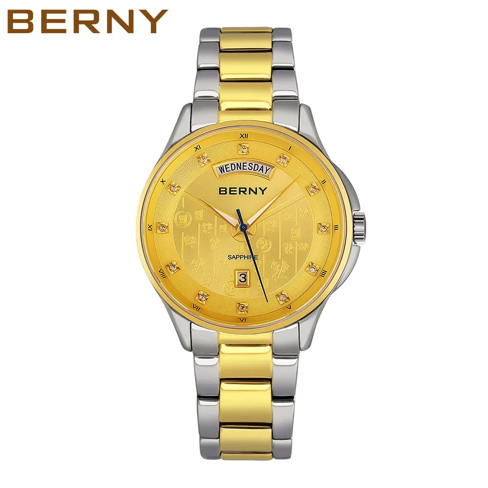 BERNY Quartz Watch Men Business Luxury Sapphire Crystal Clock 40mm Diameter Day-Date  Full Stainless Steel Wristwatch Waterproof