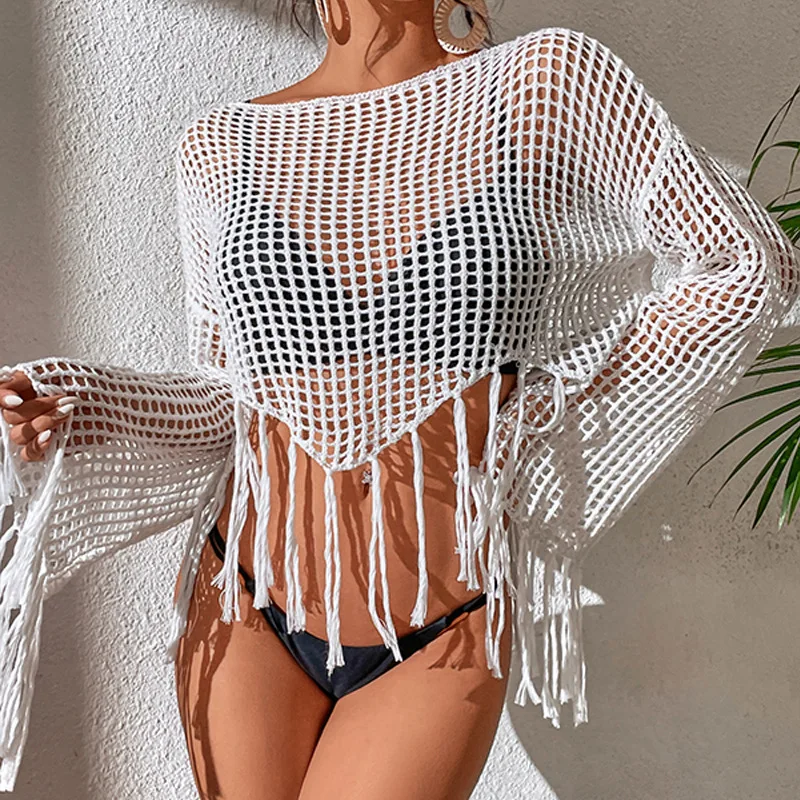 

New Summer Pullover V-neck Tassel Beach Sunscreen Suit Bikini Cover Up Long Sleeve Hollow-Out Sunscreen Female Bikini Cover-Ups
