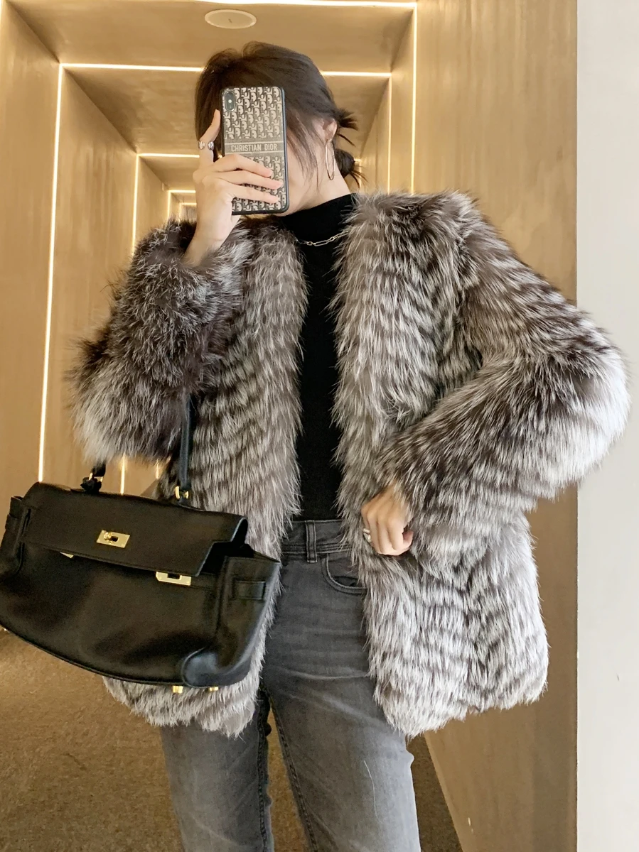 FURTJY Winter Real Fox Fur Coat 60Cm Women Natural Silver Fox Fur Jacket Fashion Luxury Thick Warm Overcoat Solid Fur Outerwear