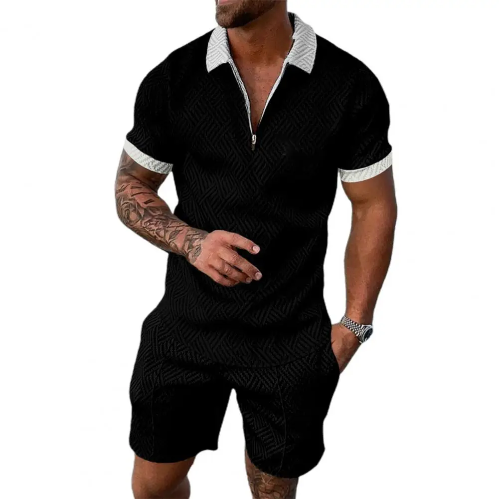 Fashion Handsome Short Pants Elastic Waist Print Men Tops Shorts Set Zip Up Men Tops Shorts Set Male Clothing