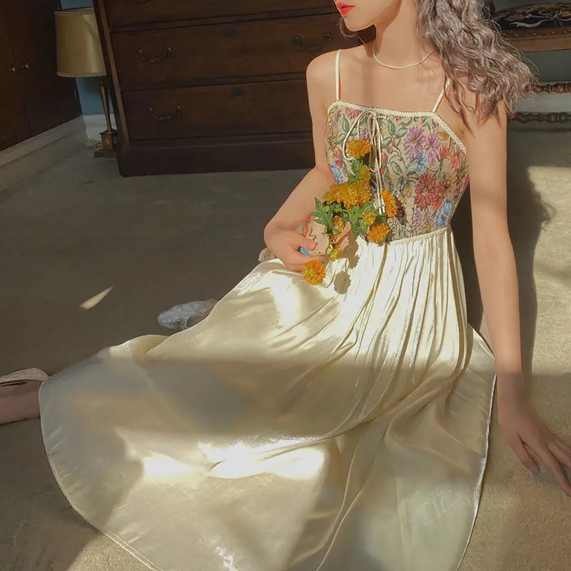 

2021 French Style Vintage High Waist Floral Print Strap Dresses for Women Sweet Elegant Temperament Lace Up Chiffon Beach Dress