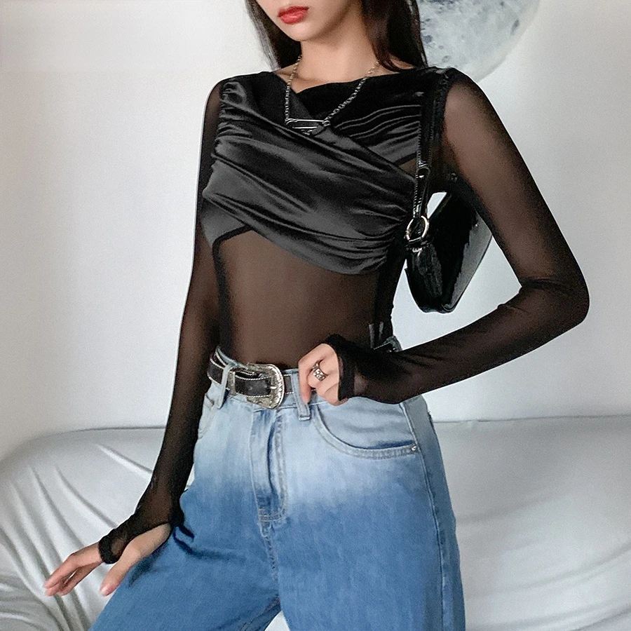 

Meqeiss New Autumn Popular Mesh Fake two-piece Bodysuits For Women Black See Through Long Sleeve Bodysuit Club party Wear Female
