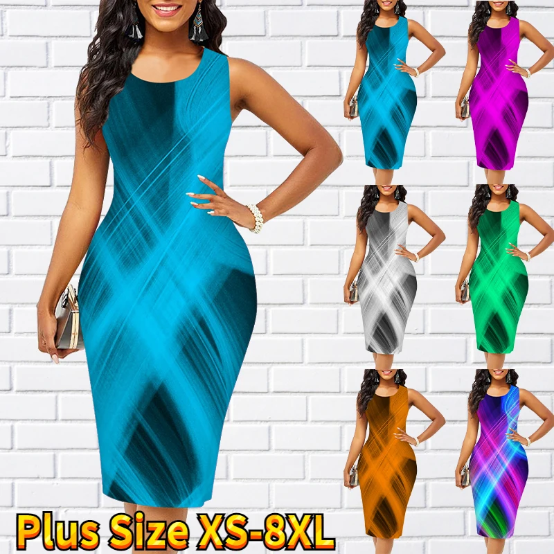 

Summer Ladies Abstract Print Dress Fashion High-end Casual SleevelessSkirt Round Neck Sexy Slim Knee-Length Skirt 2022 New
