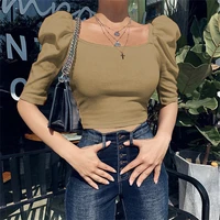 2022 summer new womens clothing simple urban casual t shirt square neck puff sleeve top solid color female short sleeve tees