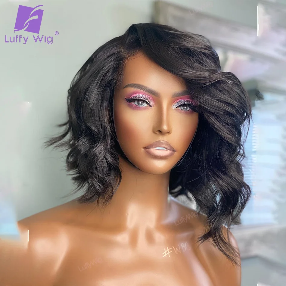 

150% Short Wavy Bob Wig 13*6 Lace Front Human Hair Wig For Women Pre-Plucked Remy Brazilian Bleached With Natural Hairline Luffy
