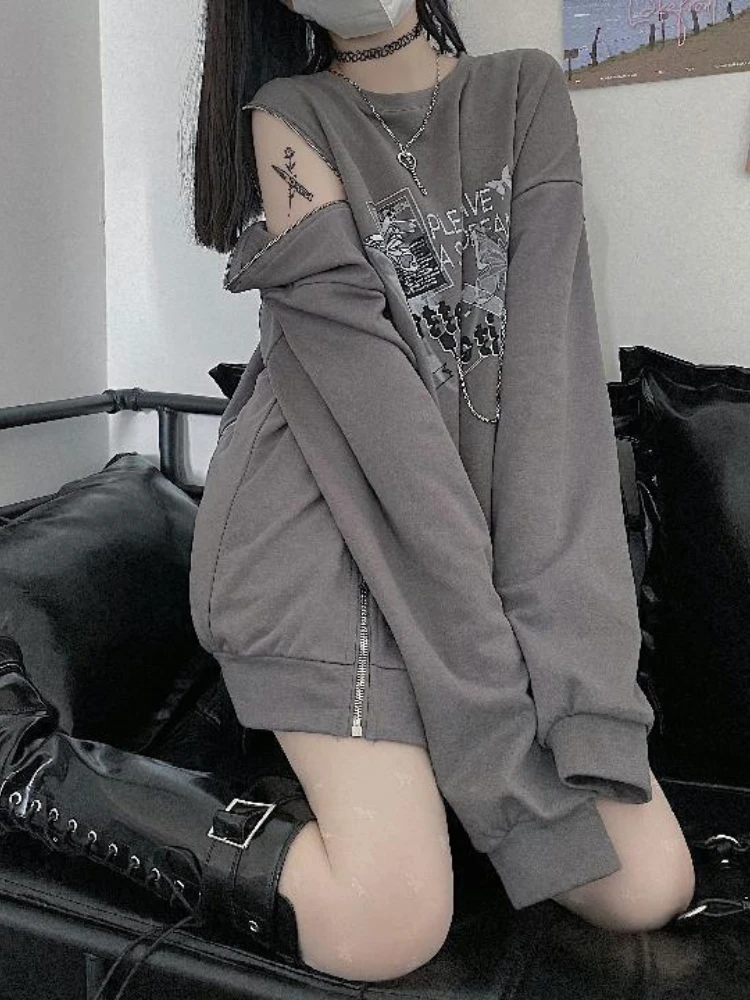 

Deeptown Y2K Gothic Butterfly Print Hoodies Women Punk Sexy Zipper Off Shoulder Sweatshirts Loose Crewneck Tops Harajuku Grunge