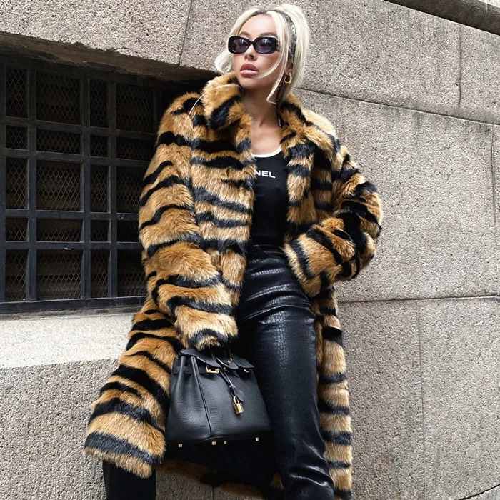 Fur imitation fur coat imitation tiger stripes fur extended loose wool imitation fur coat fur coat coat