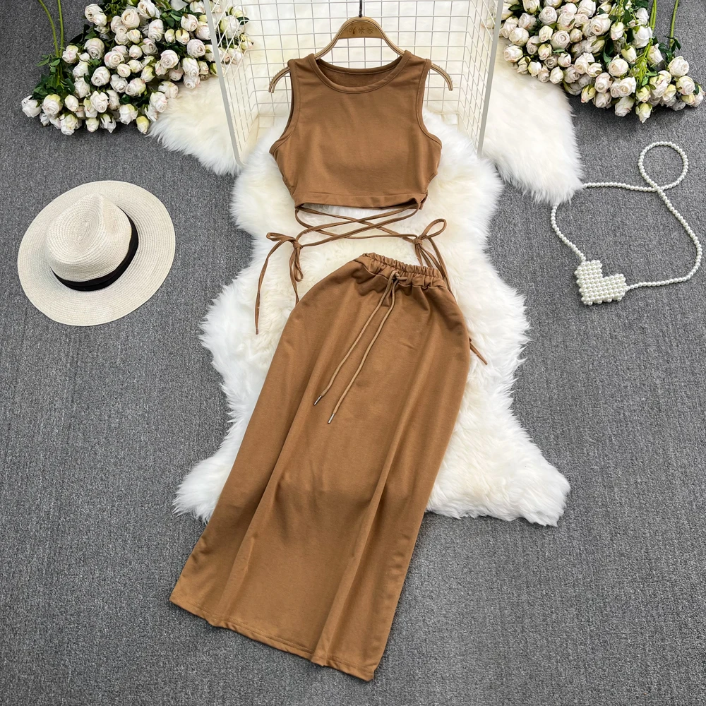 

Sexy Women Solid Fashion Bodycon Skirts Suit Sleeveless Tanks Tops High Waist Slim Saya 2 Pieces Female Party Birthday Outfits