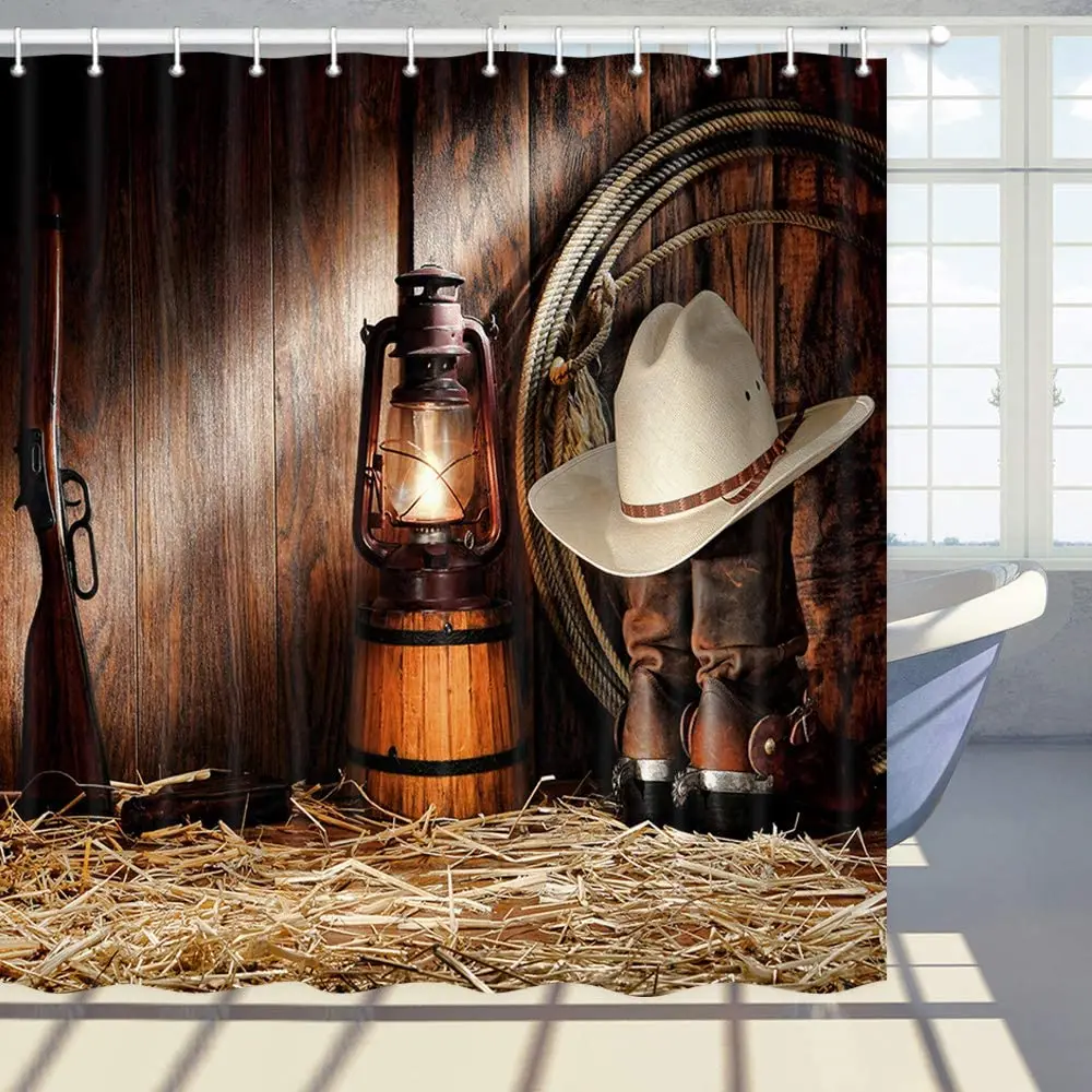 

Western Shower Curtain American Background Cowboy Boot Hat Background Bathroom Polyester Fabric Bath Curtains Set with Hooks