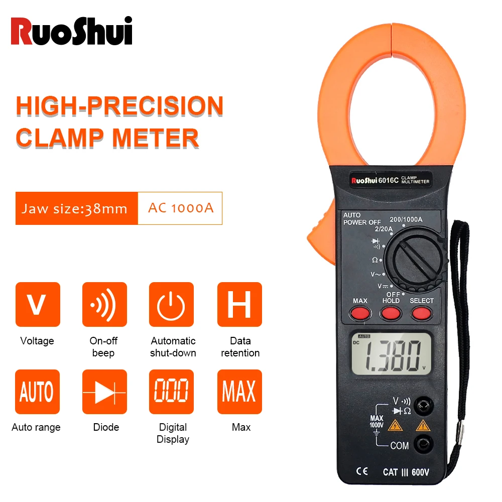 

RuoShui 6016C Clamp multimeter Auto Range AC current Frequency meter Resistance Electrician tool Voltage Amp 1000A Clamp tester