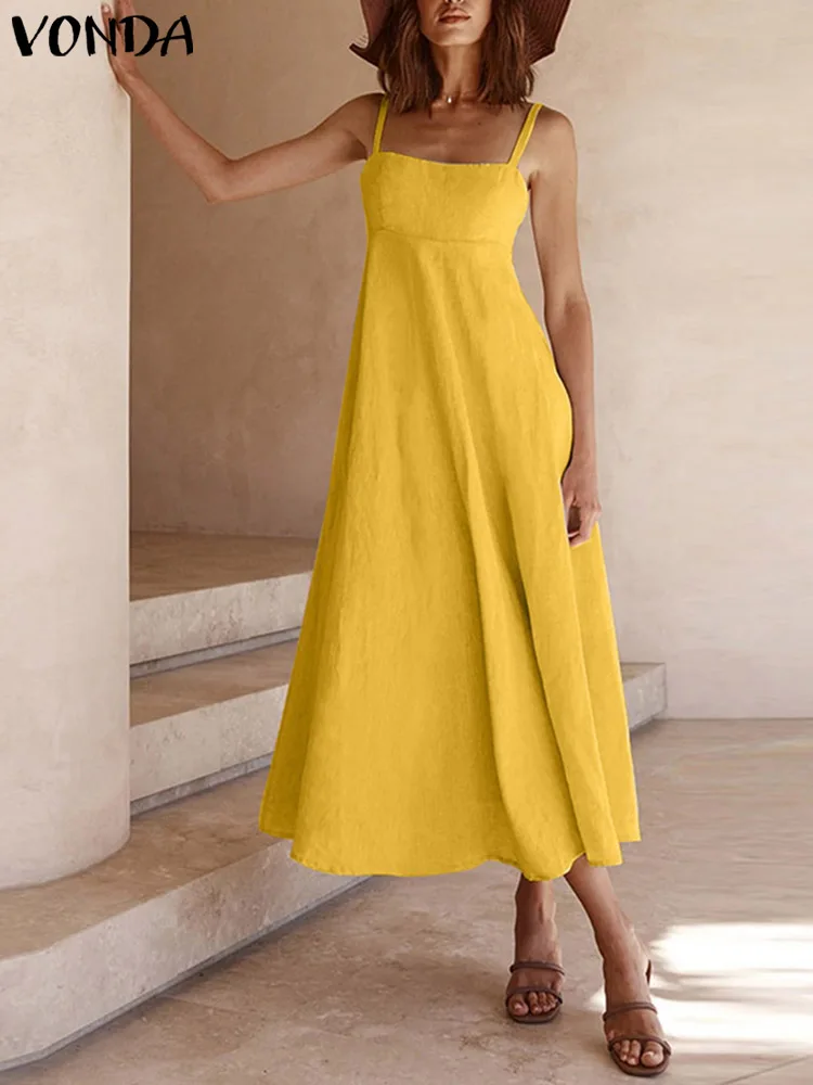 

VONDA Women Casual Summer Long Sleeveless Sundress Party Slip Dress Maxi Robe Female Solid Street A-Line Beach Vestidos Feminina