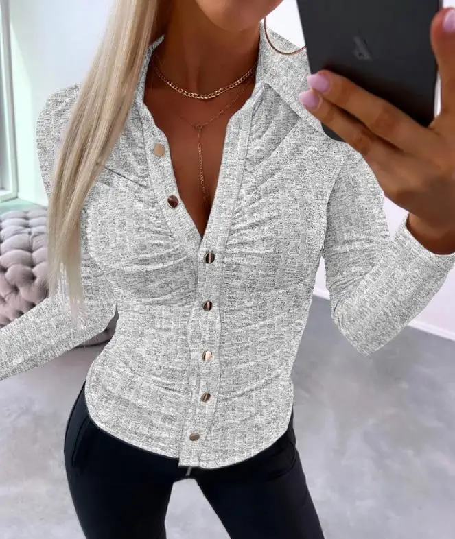 

Fashion Woman Blouse 2023 Autumn New Fashion Casual Daily Polo Ruched Buttoned Long Sleeved Ribbed Top Spicy Girl