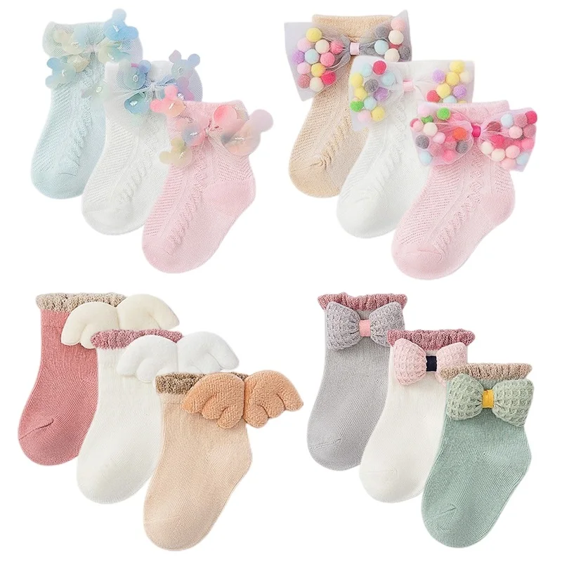3 Pairs / Lots Girls Baby Socks Mesh Bow Socks Cute Cartoon Newborn Socks Autumn Winter Cotton Baby Toddler Girls Socks