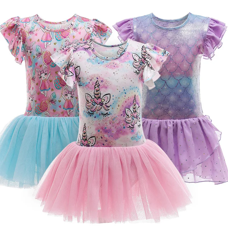 

Children's Clothing Summer Short Sleeves Mesh Dresses Ballet Performance Short Dress Kid Ball Sequin Gown Dance Practice Costume
