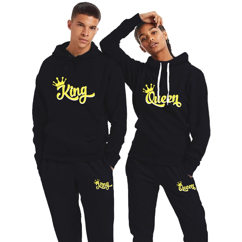 

King And Queen Couple Tracksuit Fashion Print Lover Hoodie and Pants 2 Pieces Clothes Men Sweatshirts Women Hoodies Fleece Suits