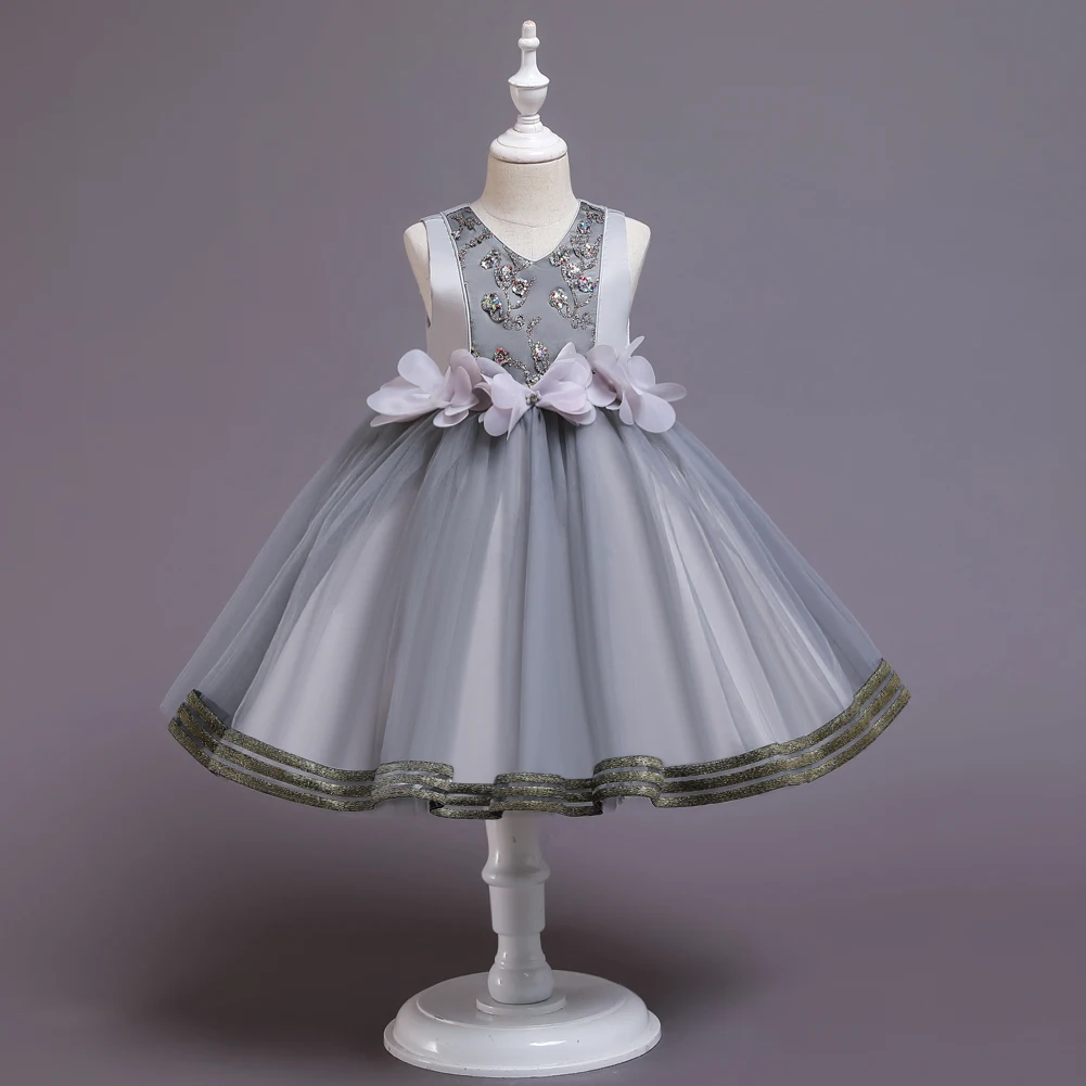 

5 Colors 100cm-150cm Children Dress Baby Girl V-Neck Princess Gown School Performance Stage Vestidos