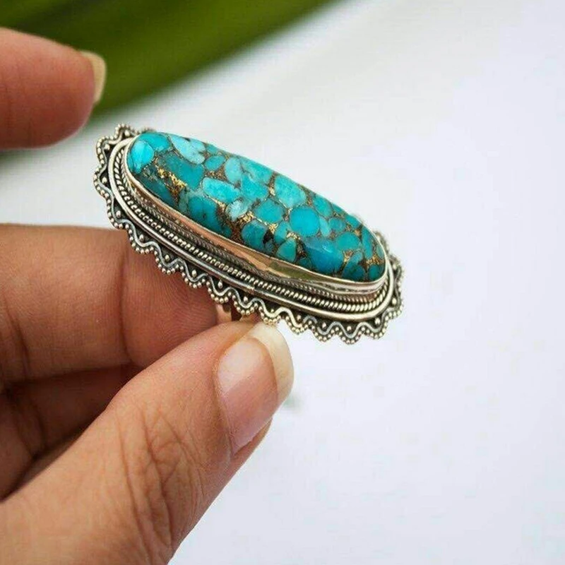

Creative Indian Style Green Turquoise Ring Women Men Big Blue Vintage Finger Ring Jewelry Green Pine Stone Ring