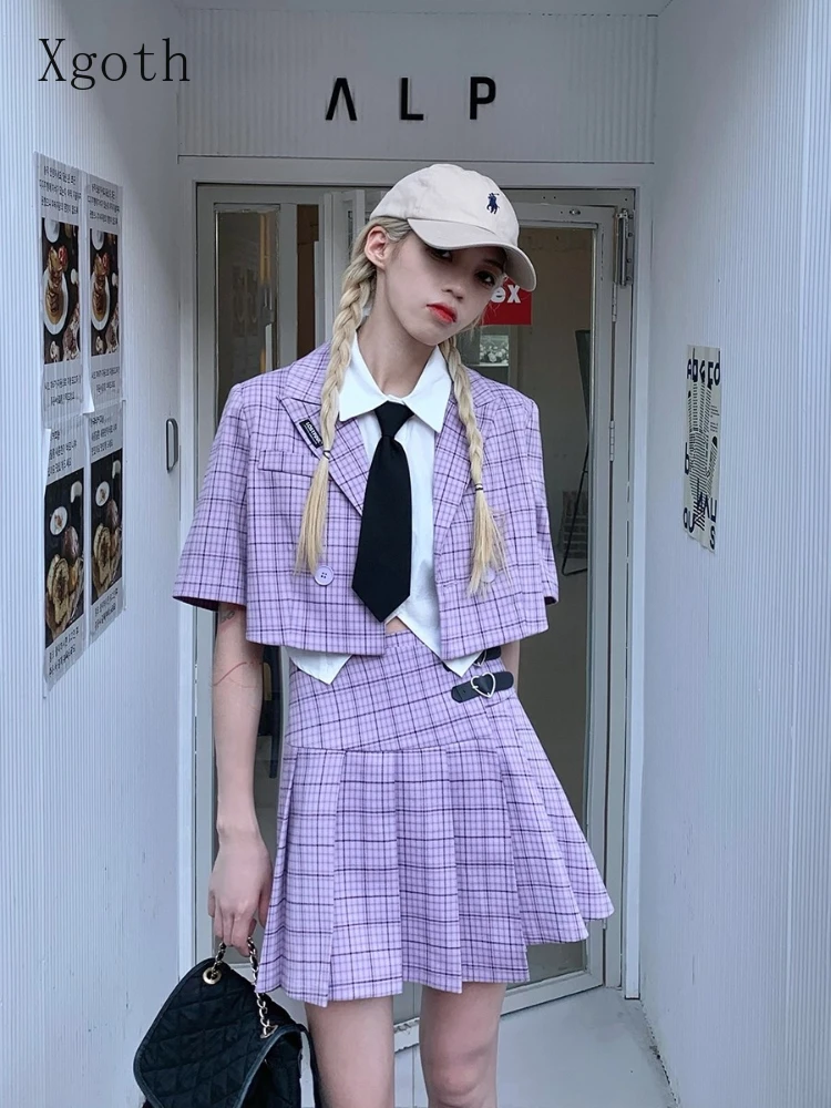 

Женский комплект из 2 предметов, фиолетовый клетчатый костюм с рубашкой и юбкой в японском стиле преппи, лето 2022