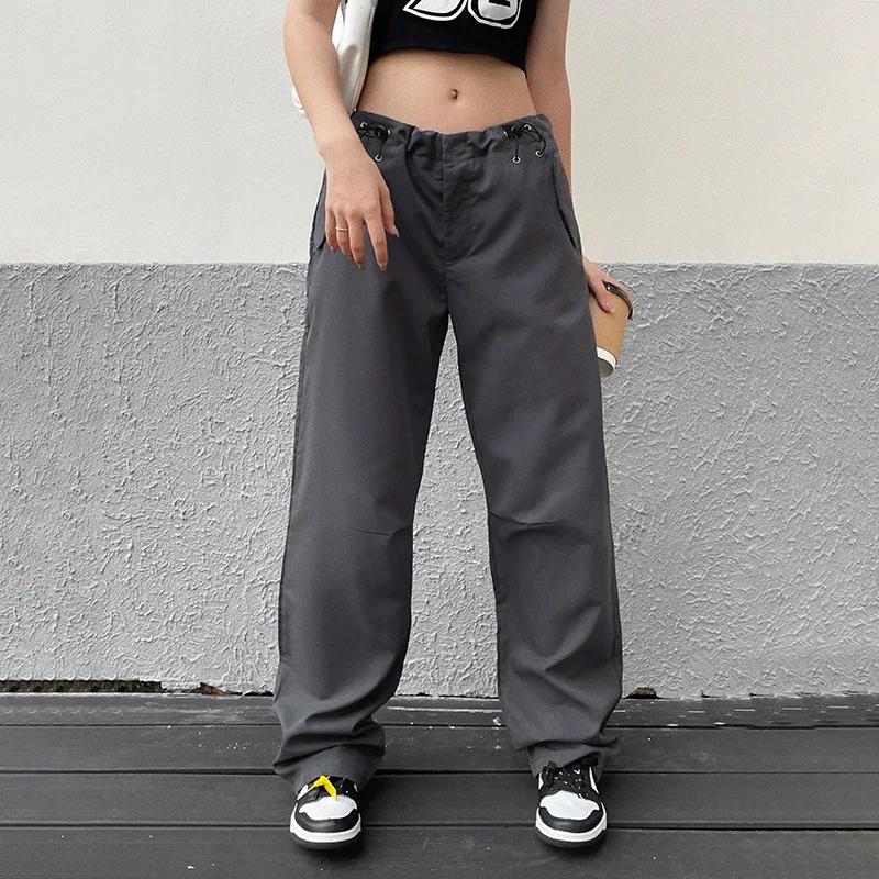 

Solid Vingate Drawstring Cargo Pants 2023 Casual Loose Straight-leg Pants Streetwear Cool Girl Y2k Joggers Female Trousers