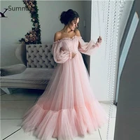 sumnus 2022 pink boho tulle evening dress long a line off the shoulder appliques vestido de fiesta de boda see through prom gown