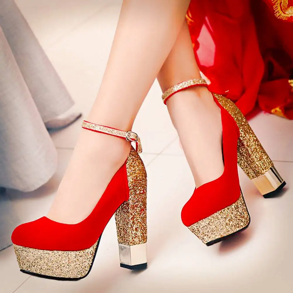 

Lasyarrow Women Platform Pumps Flock Sequined Cloth Red Bottom Super High Heel Bling Office Wedding Party Ankle Strap Lady Shoes