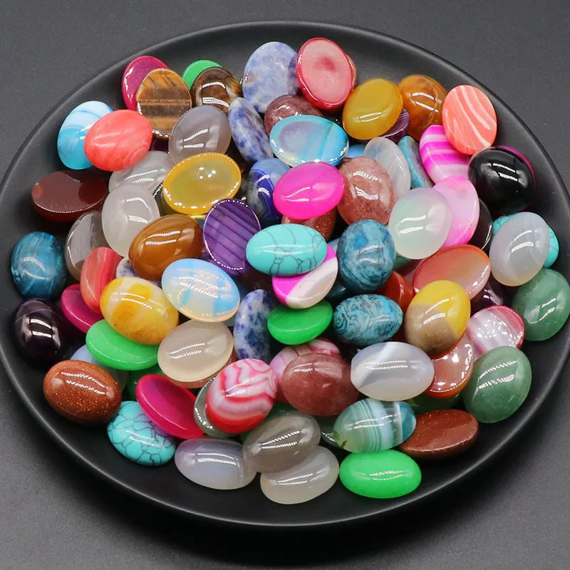 10Pcs 6*8/8*10/10*14mm Natural Stone Beads Ellipse Loose Beads Cabochon Cameo Fit Blank Ring Base Pendant Tray Jewelry Makeing