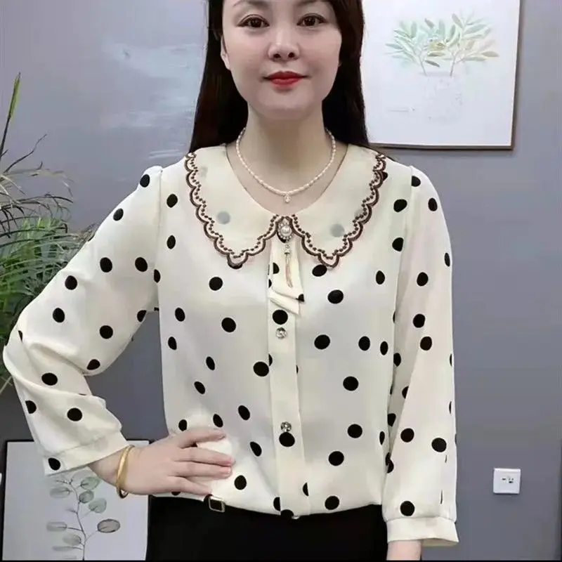 Женская блузка в горошек Повседневная рубашка оверсайз с воротником Питер Пэн и