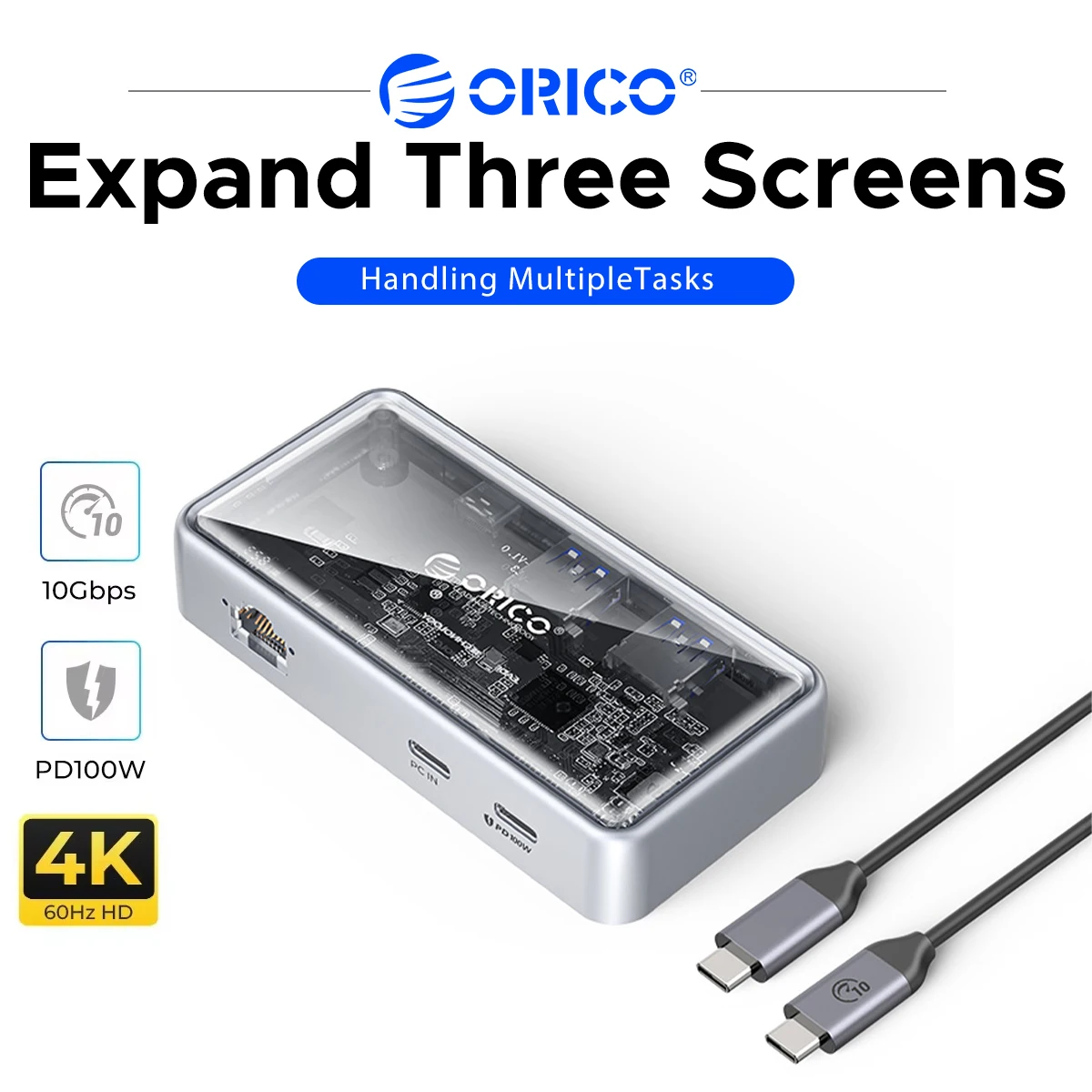Фото Док-станция ORICO Transparent USB C MST с поддержкой трех дисплеев 4K@60Hz, USB3.2 Gen2 10Gbps, Ethernet 2.5G, PD100W, многопортовый адаптер №1