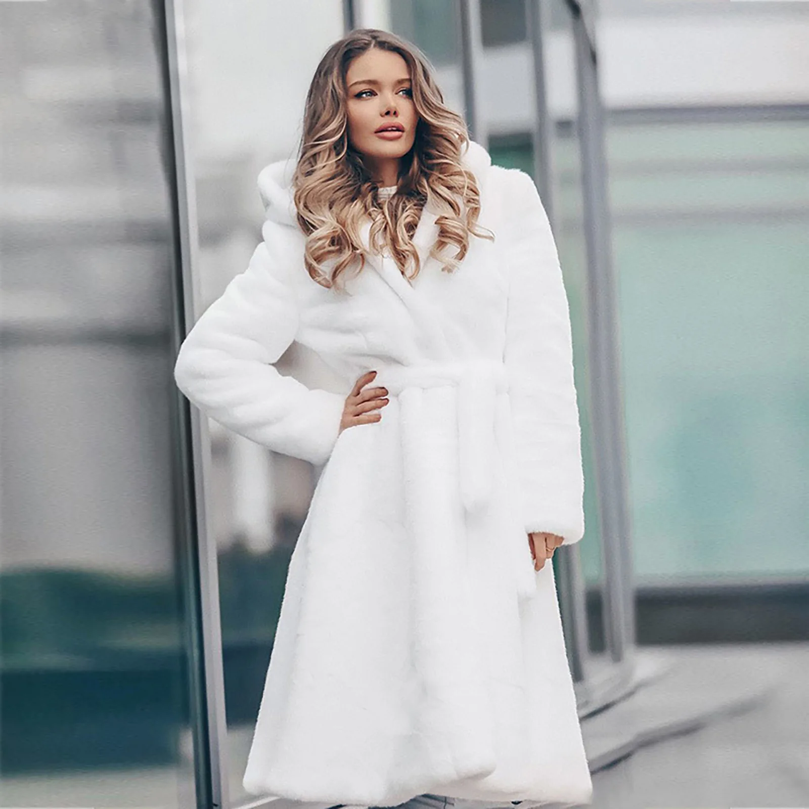 Faux Fur Hooded Coat Women 2022 Autumn Winter Thick Warm Long Jacket Female Vintage Casual Loose Coat Oversize Outwear With Belt