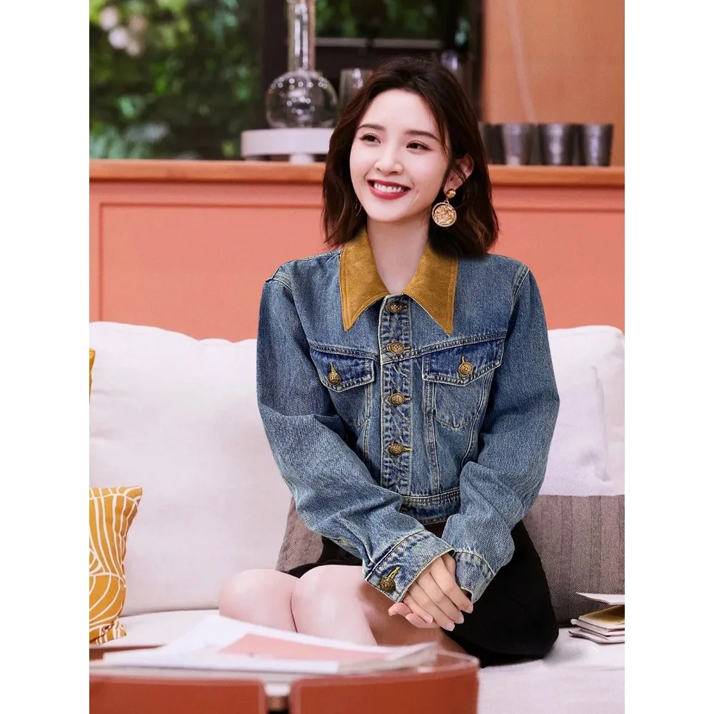 

2023 Early Fall Denim Splicing Deerskin Velvet Short Jacket Design Washed Retro Commuter Casual Fashion Top Slim Clothing A01385