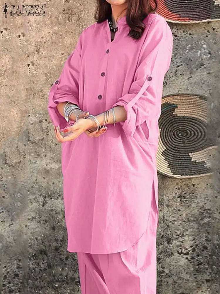 

ZANZEA Women Buttons Long Shirt Tracksuit Fashion Solid 2pcs Pant Sets Casual Elastic Waist Long Trouser Suit Holiday O-Neck Set