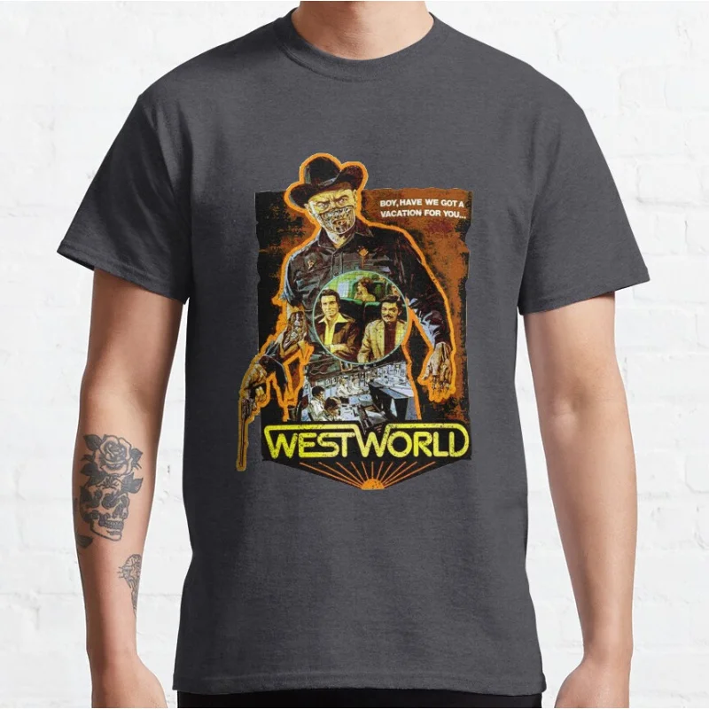 80-е годы Винтаж scifi Westworld фильм страшный ковбой ужасов графические футболки для
