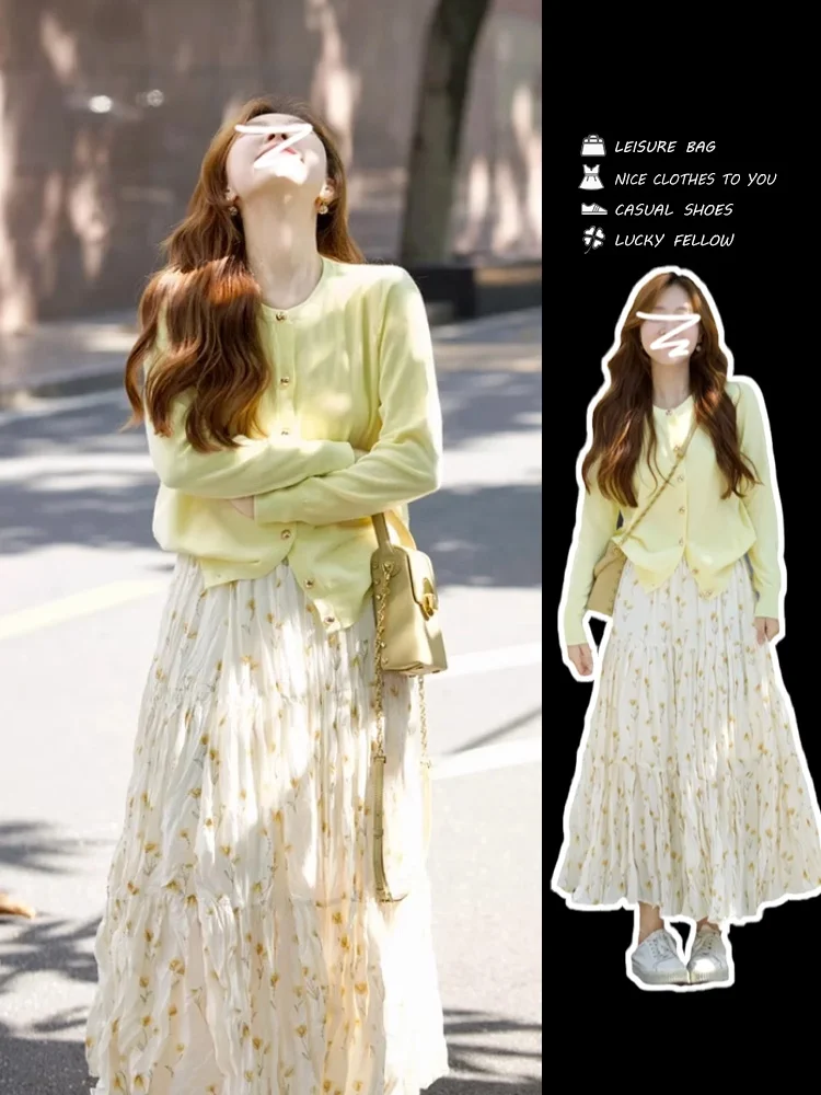 2024 New Early Autumn Wear Korean sle Chic Dress Children Salt System Knit cardigan Skirt Two-piece Set