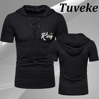 tuveke brand new summer sports king crown print t shirt mens casual hooded short sleeved loose street tie all match t shirt