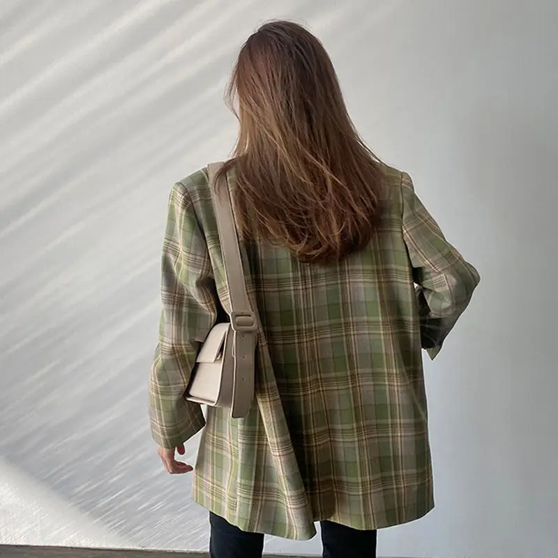 Vintage Loose Women Plaid Blazer 2023 Autumn Chic Double Breasted OL Female Long Sleeve Suit Jackets Blazers Korean Oversized