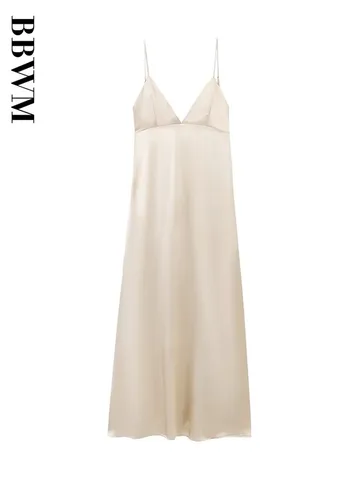 Satin Dress Women Sexy Backless Midi Dress Woman Summer Strap Party Dresses for Women 2023 V Neck Sleeveless Chic Female Dress