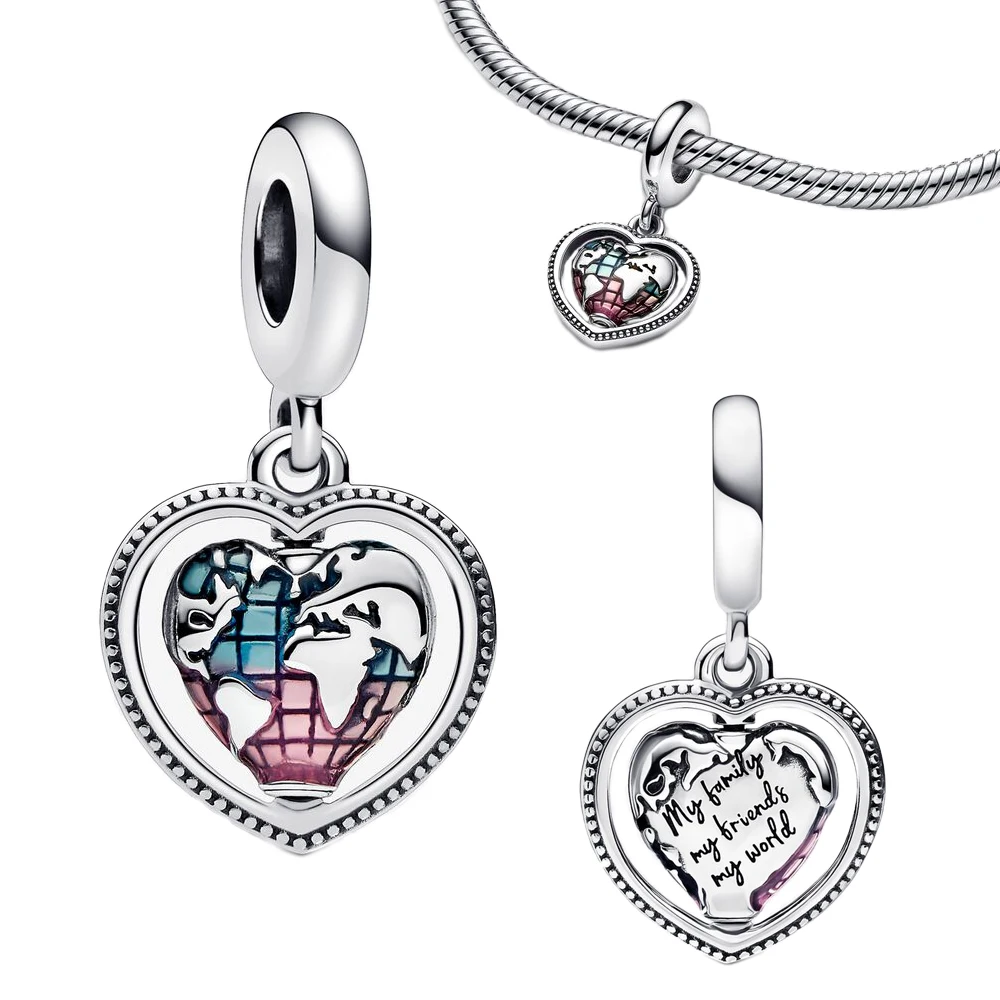 

2022 New 925 Silver Family Spinning Heart Globe Dangle Charms Bead Fit Pandora Original Bracelets Fashion DIY Woman Jewelry