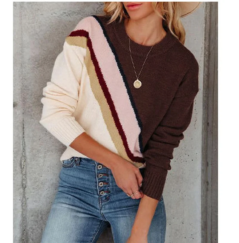 

Зимние Модные вязаные пуловеры с длинным рукавом и круглым вырезом в стиле Харадзюку, полосатые Лоскутные Свитера, женские топы, повседневный Свитер оверсайз