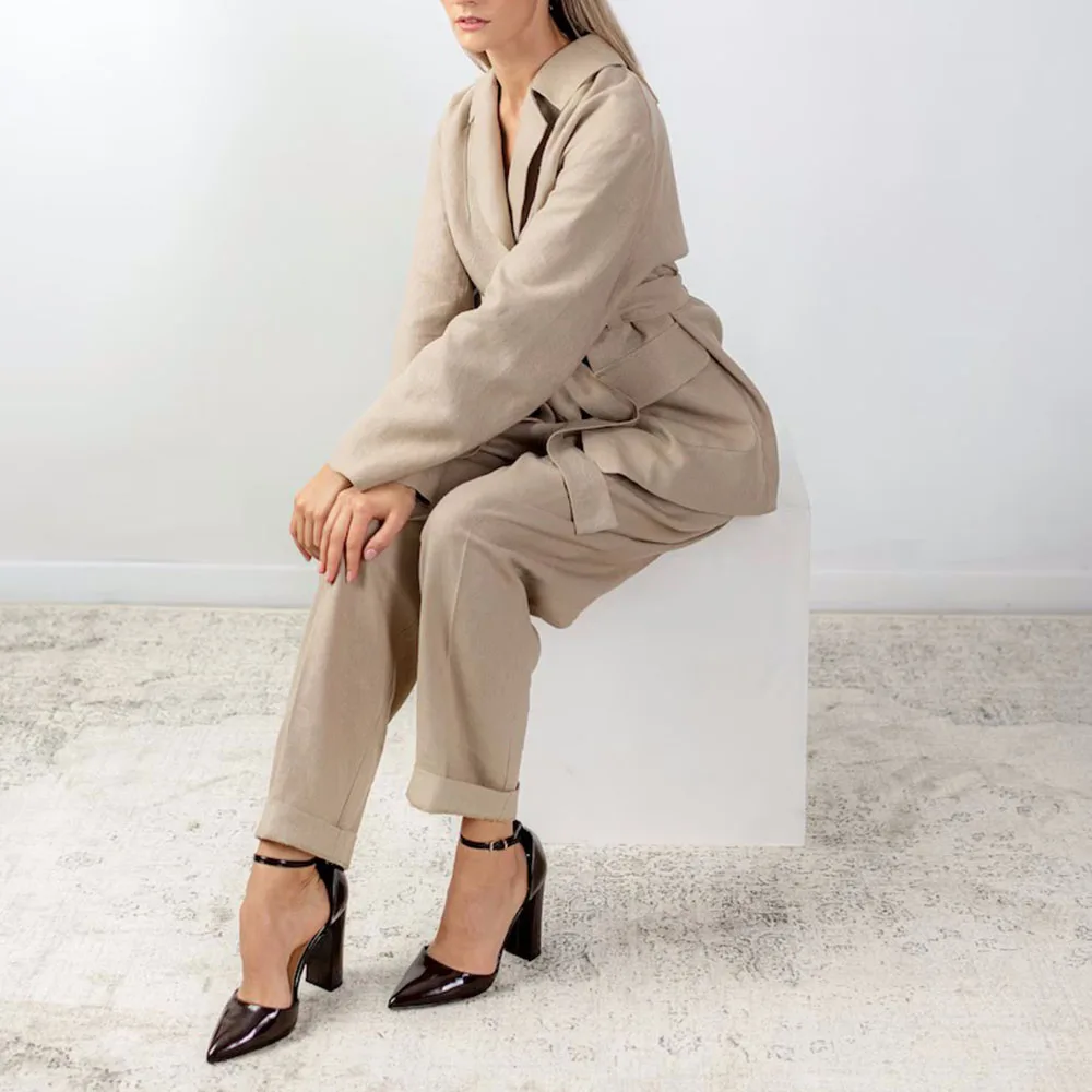 Simple Linen Women Suit Oversized 2 Piece- Blazer and Trousers Soft Washed Pants with Jacket. Office outfit.